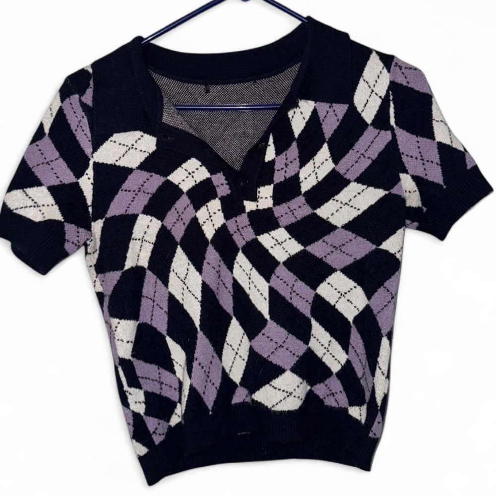 Purple and Black Argyle Knit Top